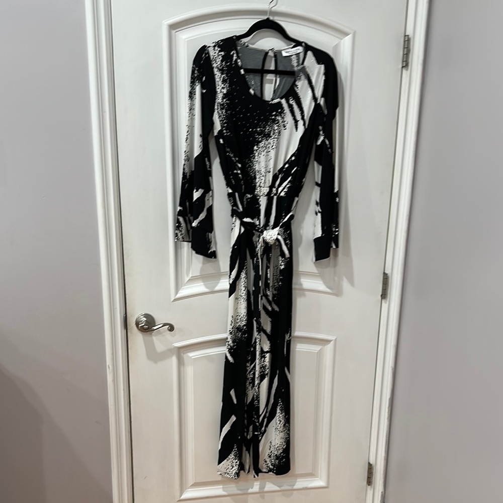 Elegant Black and White Satin Jumpsuit with Tie Belt